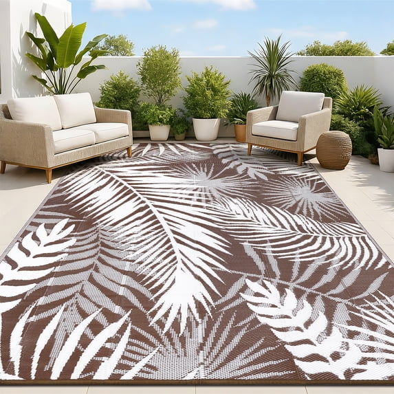MeyJey Outdoor Rug, 9'x12' Reversible Waterproof Area Rug, Plastic Mat for RV Patio Camping, Brown