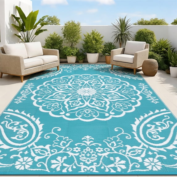 MeyJey 9'x12' Outdoor Rug, Patio Rug Waterproof RV Outdoor Rug Camping Rugs Reversible Plastic Mat for Camping, Balcony Apartment, Patio, Porch, Picnic, Beach, Teal
