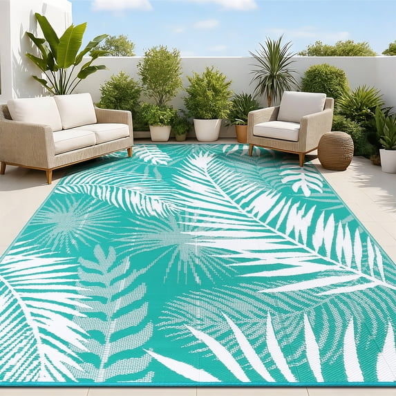 MeyJey Outdoor Rug, 9'x12' Reversible Waterproof Area Rug, Plastic Mat for RV Patio Camping, Teal