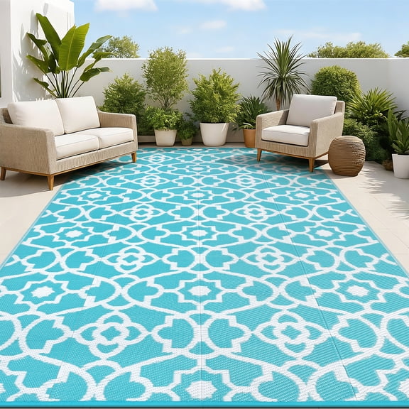 MeyJey 9'x12' Outdoor Rug for Patio, Reversible Waterproof Oversize Indoor/Outdoor Plastic Mat for RV, Camping, Patio, Teal