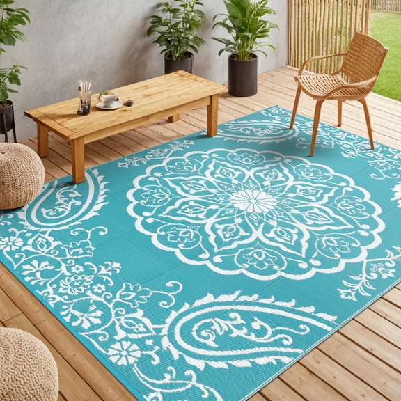 MeyJey Outdoor Rug 9'x12' Reversible Waterproof Area Rug Plastic Mat for RV Patio Camping Teal