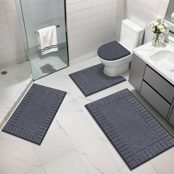 MeyJey Bathroom Rugs Set of 4 Piece, Bath Mats, Microfiber Non Slip Shaggy Ultra Soft Bathroom Runner with U Shaped Contour Toilet Mat for Bathroom, Shower Inside Floor, Dark Gray