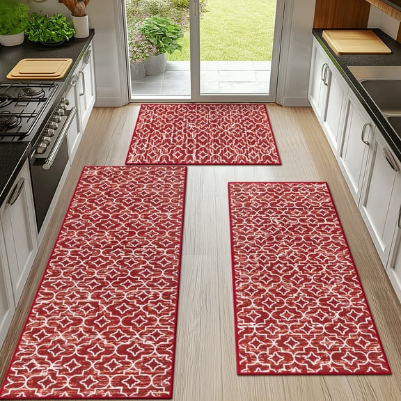 MeyJey Red Kitchen Rug Set 3 Piece, Non Slip Machine Washable Mats for Home Floor and Living Room