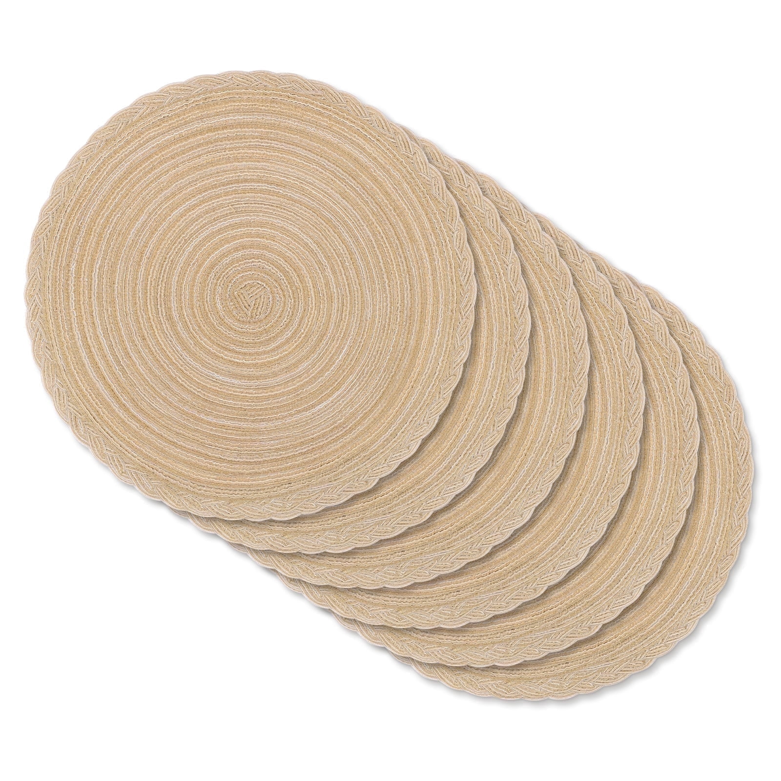 MeyJey 15" Braid Round Placemat Set of 6, Large Cotton Woven Non-Slip Placemat Set of 6 Heat Resistant Placemat 6 Piece, Khaki