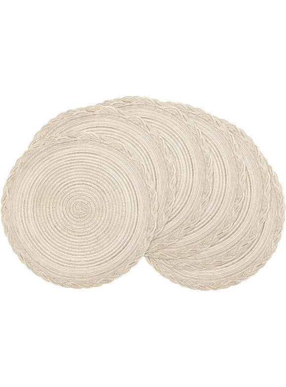 MeyJey Round Placemats 6 Piece, 15" Large Cotton Woven Heat Resistant Placemats Set of 6, Ivory