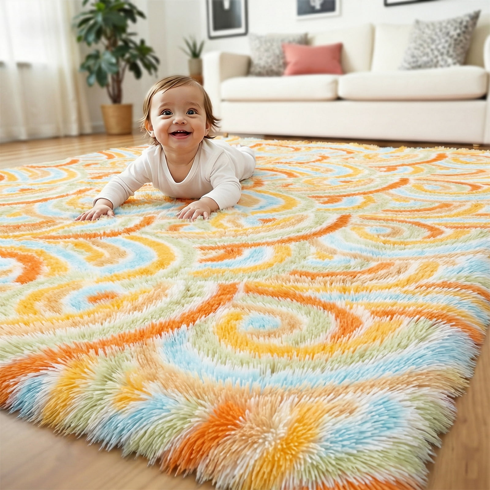 MeyJey 5'x 8' Shag Area Rug, Soft Fluffy Area Rugs for Kids Room Living Room Bedroom Decor Carpet, Orange