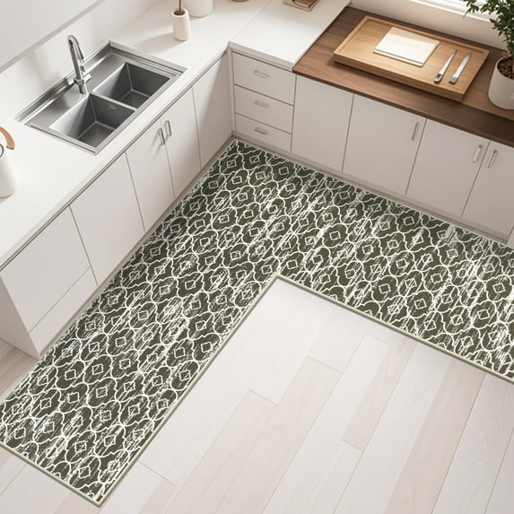 MeyJey Corner Kitchen Rug, 1 Piece Anti-Slip L Shape Kitchen Mat for Floor, Absorbent Runner in Front of Sink, Washable Floor Rugs for Home,Kitchen(Brown-L,24”x 71”x 71”)
