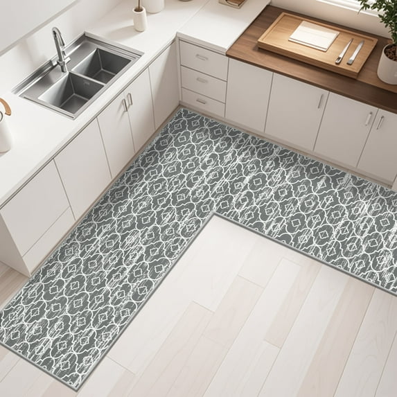 MeyJey Corner Kitchen Rug, 1 Piece Anti-Slip L Shape Kitchen Mat for Floor, Absorbent Runner in Front of Sink, Washable Floor Rugs for Home,Kitchen(Gray-L,24”x 71”x 71”)