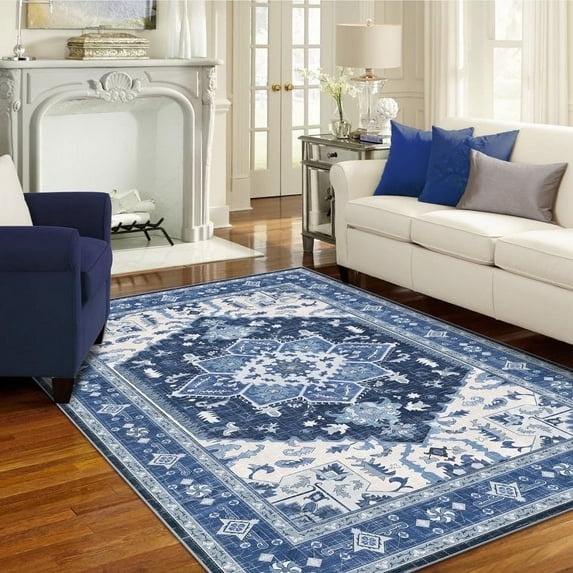 MeyJey Washable Area Rugs 5'x7' Blue/Navy, Non Slip Vintage Traditional Soft Large Rugs for Living Room Bedroom Office Retro Home Decor Carpet