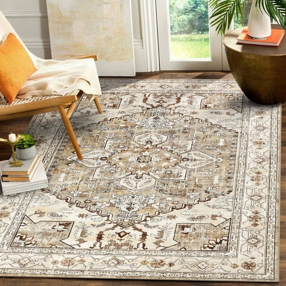 MeyJey Washable Area Rugs 5'x7' Beige, Non Slip Vintage Traditional Soft Large Rugs for Living Room Bedroom Office Retro Home Decor Carpet
