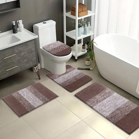 MeyJey Striped Microfiber Bath Rug Set Non-Slip, Brown, 4 Count, Machine Washable