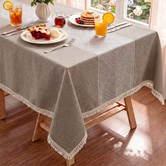 MeyJey Tablecloths for Rectangle Tables, Waterproof Linen Cotton Farmhouse Table Cloths with Tassel for Kitchen Dining, 55”x84”, Brown