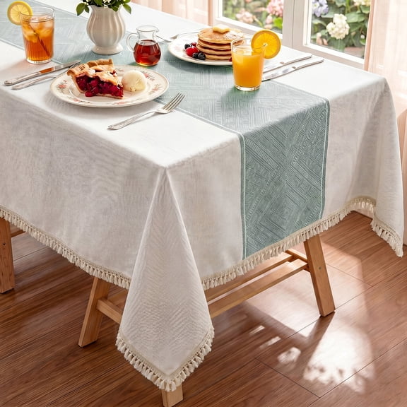 MeyJey Tablecloths for Rectangle Tables, Waterproof Linen Cotton Farmhouse Table Cloths with Tassel for Kitchen Dining, 55”x84”, Green