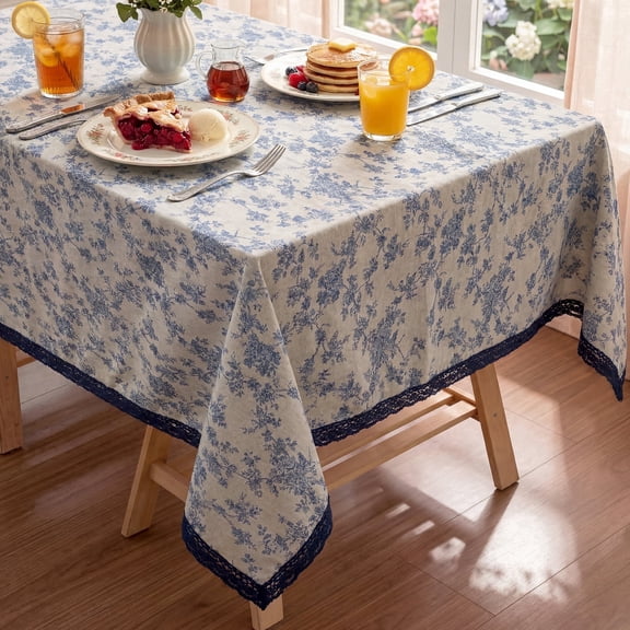 MeyJey 60”x84” Tablecloths for Rectangle Tables, Waterproof Linen Cotton Farmhouse Table Cloths with Tassel for Kitchen Dining, Blue