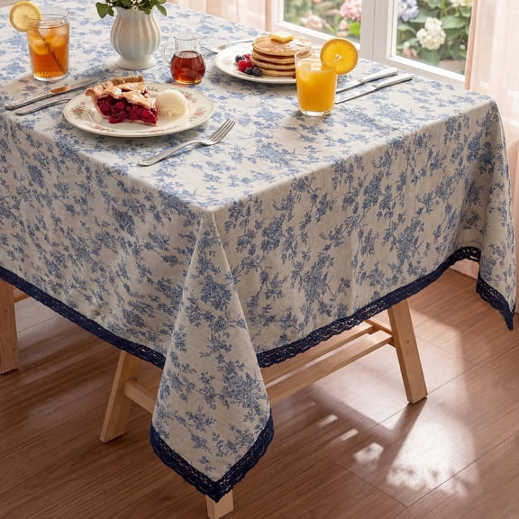 MeyJey 60”x84” Tablecloths for Rectangle Tables, Waterproof Linen Cotton Farmhouse Table Cloths with Tassel  for Kitchen Dining, Blue