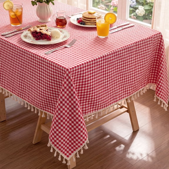 MeyJey 60”x84” Tablecloths for Rectangle Tables, Waterproof Linen Cotton Farmhouse Checkered Table Cloths with Tassel for Kitchen Dining, Red