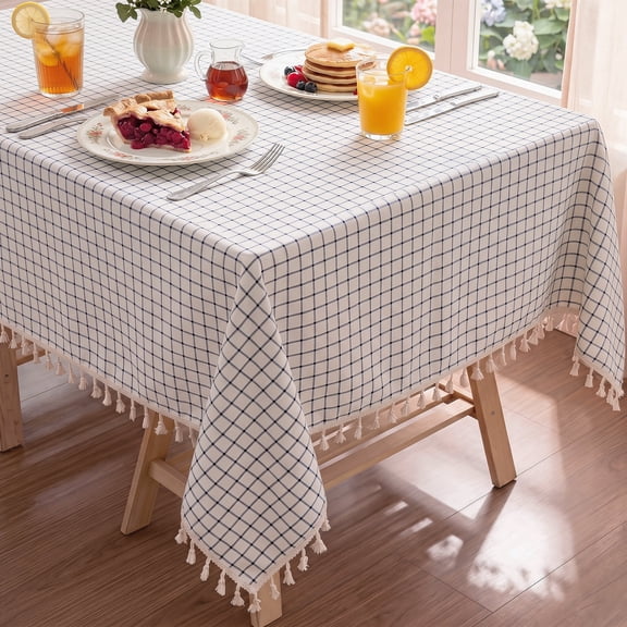MeyJey 60”x84” Tablecloths for Rectangle Tables, Waterproof Linen Cotton Farmhouse Table Cloths with Tassel for Kitchen Dining, White/Blue