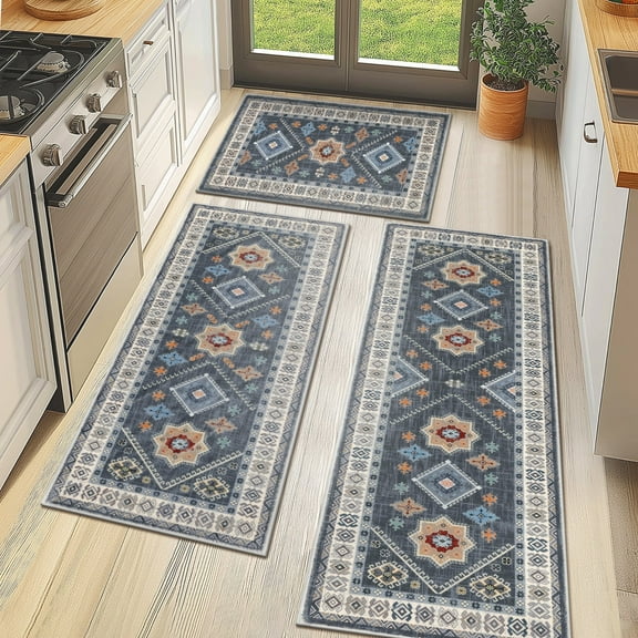 MeyJey Vintage Kitchen Rug Set, 3 Piece Non-Slip Kitchen Mat Machine Washable Runner Rug for Home Floor and Living Room, Blue