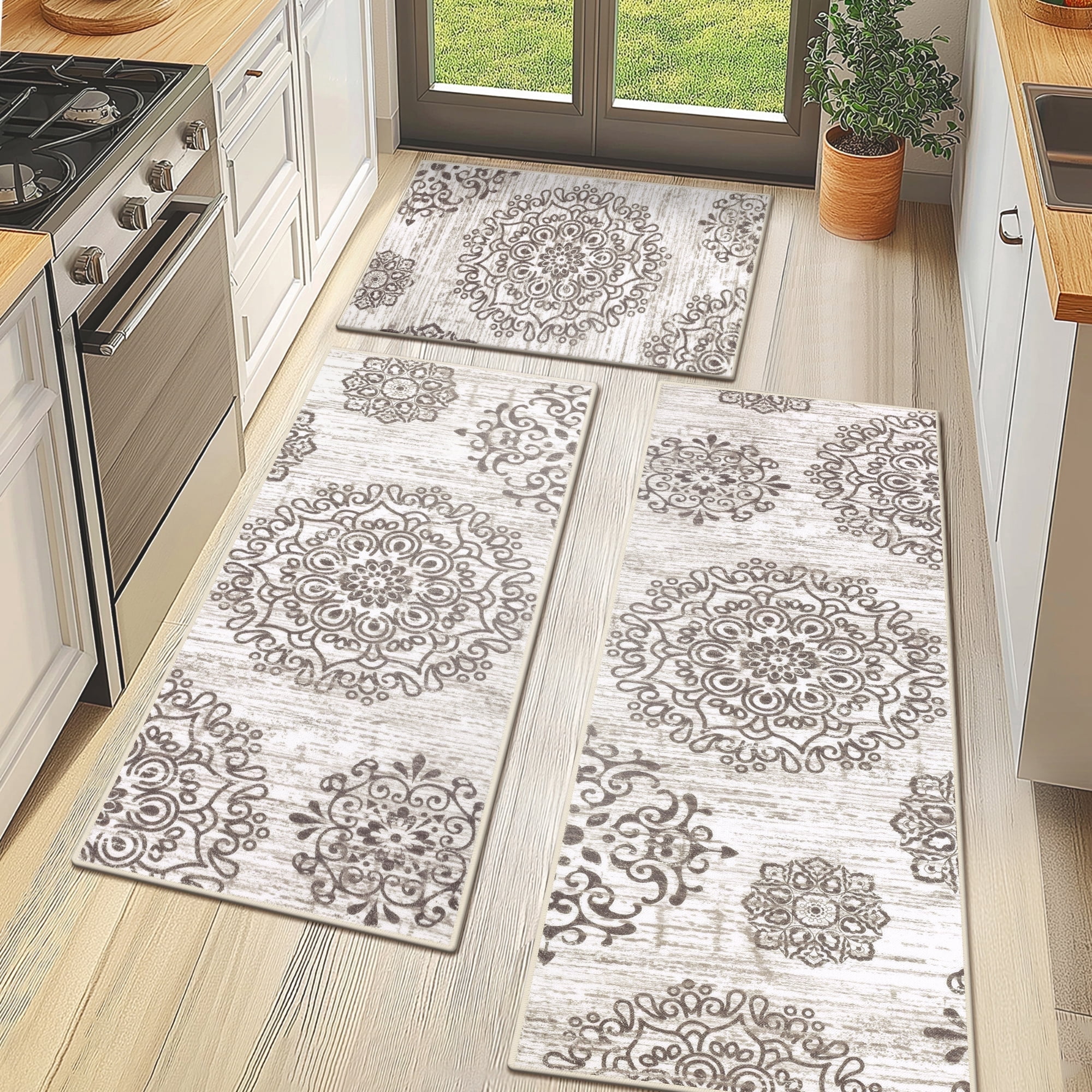 MeyJey Vintage Kitchen Rug Set, 3 Piece Non-Slip Kitchen Mat Machine ...