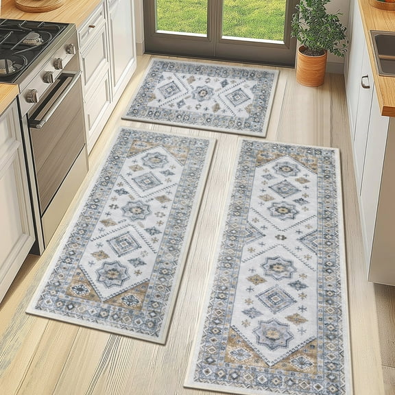 MeyJey Vintage Kitchen Rug Set, 3 Piece Non-Slip Kitchen Mat Machine Washable Runner Rug for Home Floor and Living Room, Gray/Orange