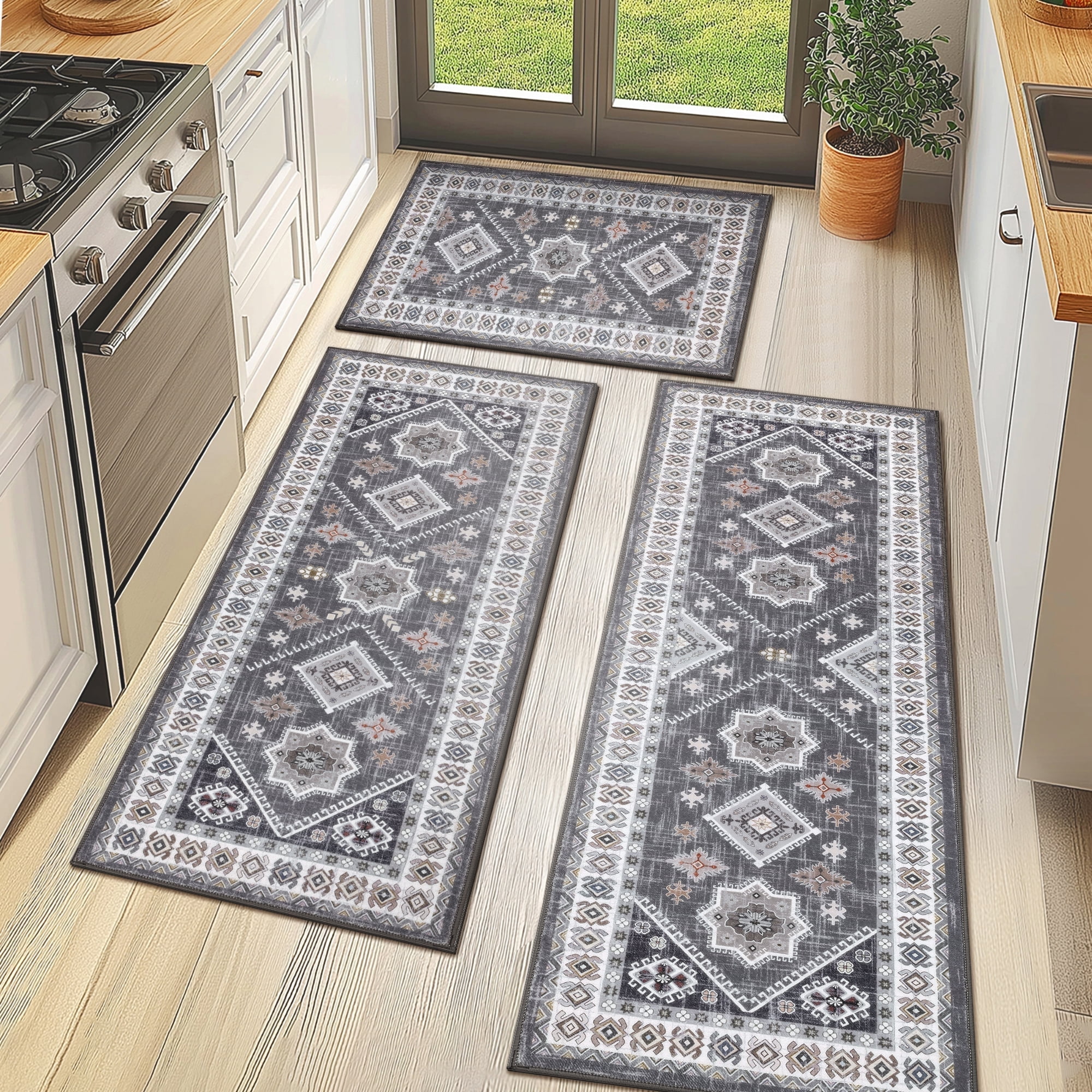 MeyJey 3 Piece Vintage Distressed Kitchen Rug Set, Non-Slip, Machine ...