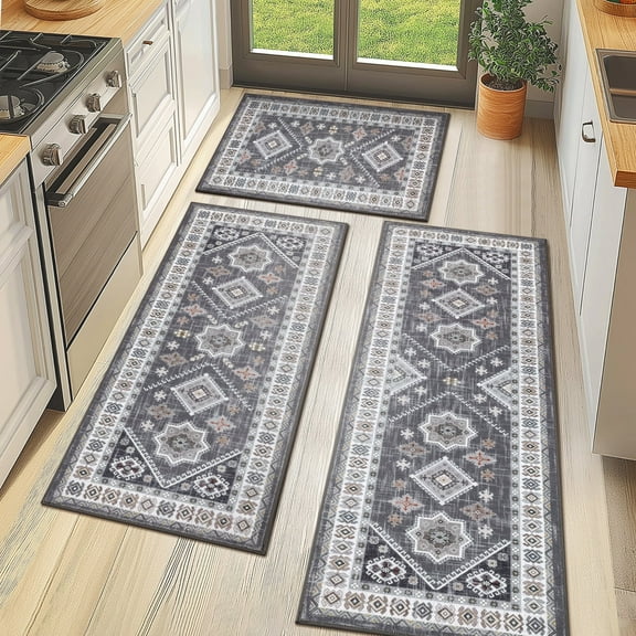 MeyJey Vintage Kitchen Rug Set, 3 Piece Non-Slip Kitchen Mat Machine Washable Runner Rug for Home Floor and Living Room, Gray/White