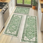 MeyJey Vintage Kitchen Rug Set, 3 Piece Non-Slip Kitchen Mat Machine Washable Runner Rug for Home Floor and Living Room, Green
