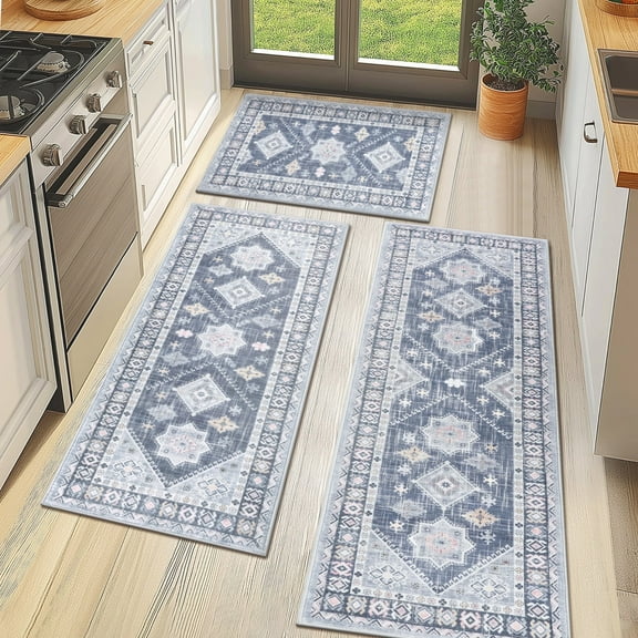 MeyJey Vintage Kitchen Rug Set, 3 Piece Non-Slip Kitchen Mat Machine Washable Runner Rug for Home Floor and Living Room, Navy/Blue/Gray
