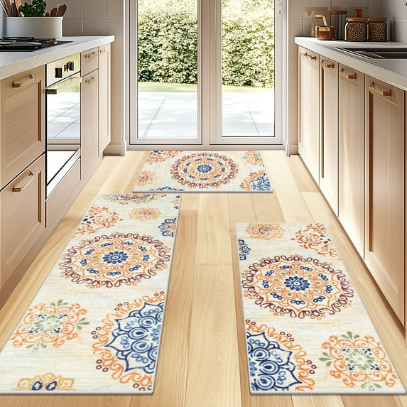 MeyJey Vintage Kitchen Rug Set, 3 Piece Non-Slip Kitchen Mat Machine Washable Runner Rug for Home Floor and Living Room, Orange/Beige/Blue
