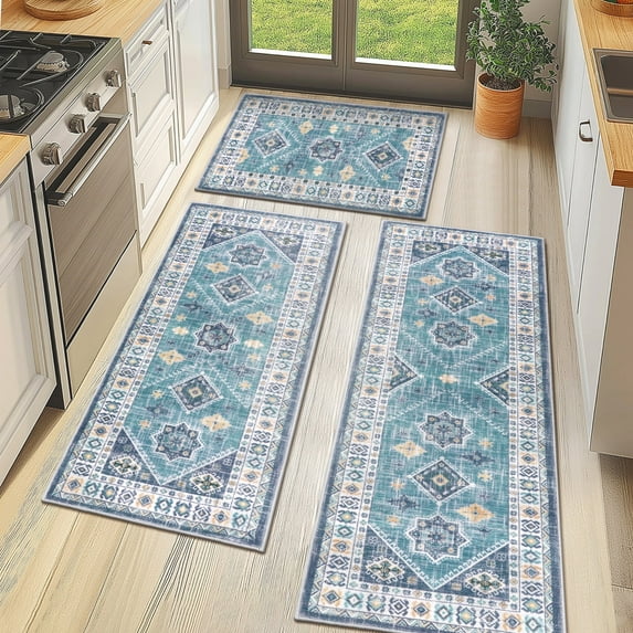 MeyJey Vintage Kitchen Rug Set, 3 Piece Non-Slip Kitchen Mat Machine Washable Runner Rug for Home Floor and Living Room, Teal/Navy