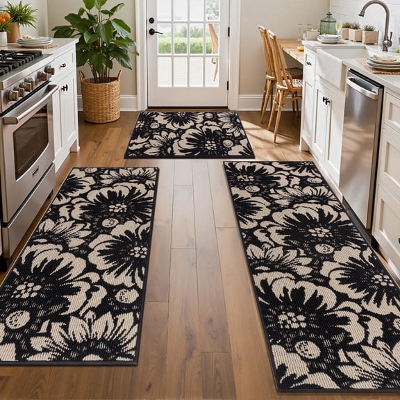 MeyJey Kitchen Rug Set 3 Piece, Non Slip Machine Washable Mats for Home Floor and Living Room, Black