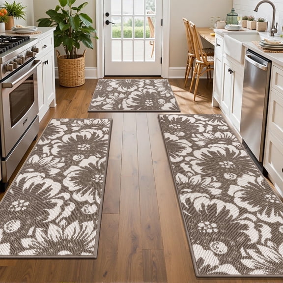MeyJey Kitchen Rug Set 3 Piece, Non Slip Machine Washable Mats for Home Floor and Living Room, Brown