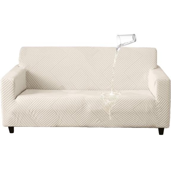 MeyJey Waterproof Sofa Cover, Slipcover for Loveseat Sofa, Stretch Furniture Protector for Kids Dogs Cats Pets, Beige White