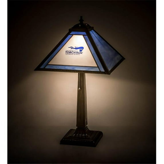 Meyda 180397 22 in. Personalized Torch Run Table Lamp, Craftsman Brown Blue Flash & Blue Opal Antique Brass