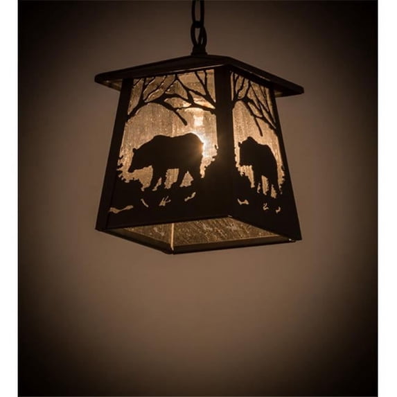 Meyda 180674 7 in. Square Bear At Dawn Mini Pendant, Old Wrought Iron Clear Seedy Glass