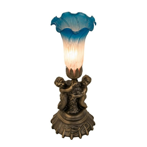 Meyda Lighting 13" High Pink/Blue Tiffany Pond Lily Twin Cherub Accent Lamp
