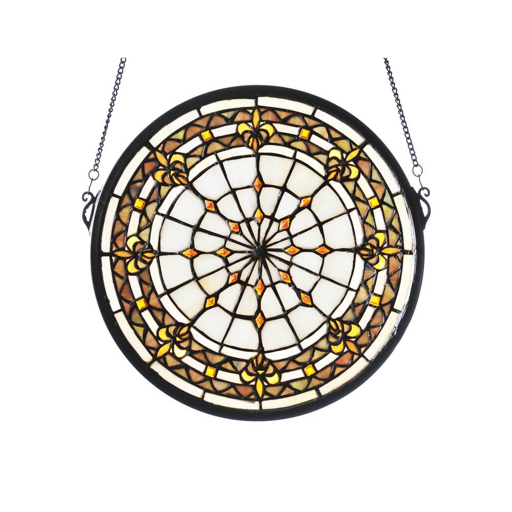 Round Multi-color Stained Glass Window with Brass Frame