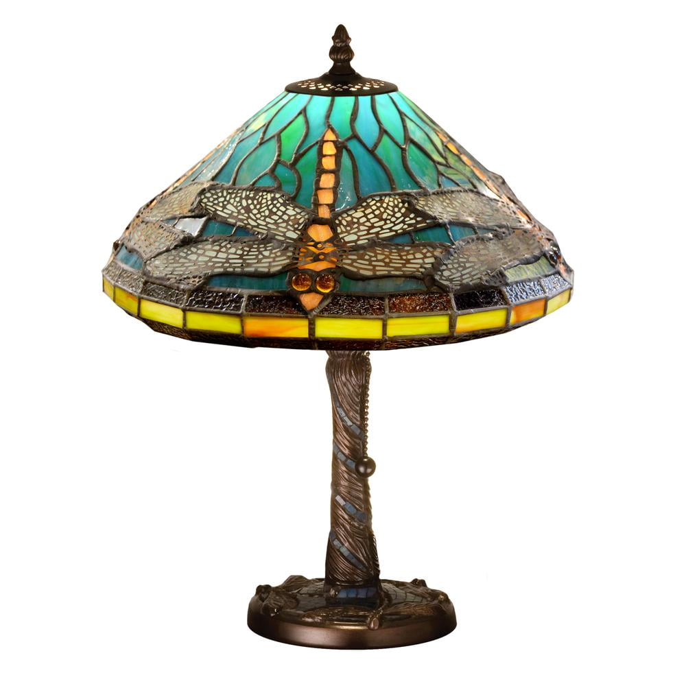 Twilight Dragonfly 16" Blue/Amber Stained Glass Table Lamp