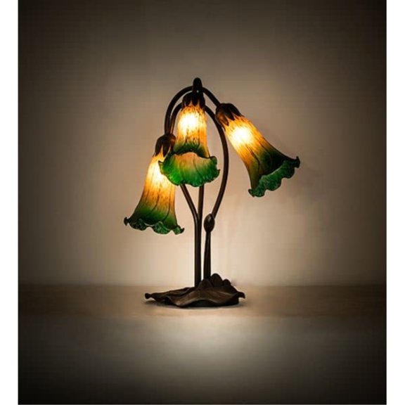 16" High Amber/Green Tiffany Pond Lily 3 Light Accent Lamp