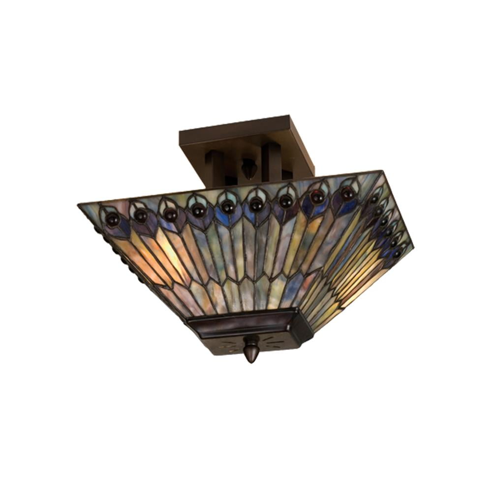 Bronze Peacock 2-Light Semi-Flush Mount with Stained Glass