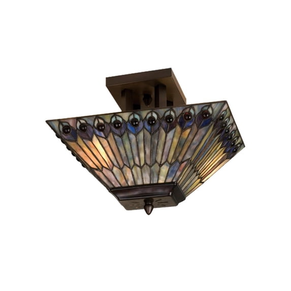 2 Light Tiffany Jeweled Peacock Oblong Pendant