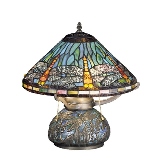 17"H Tiffany Dragonfly W/Tiffany Mosaic Base Table Lamp