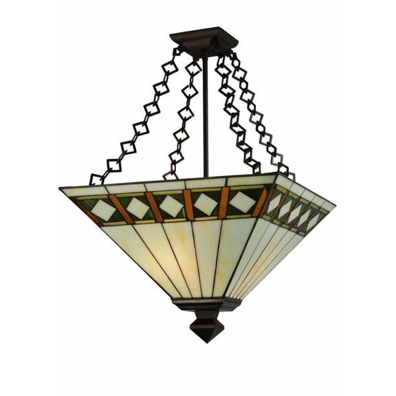 Meyda Tiffany 130792 17 Inch Square Diamond Band Mission Semi-Flushmount Mahogany Bronze Finish with Amber/Green Glass with Beige Fabric Shade