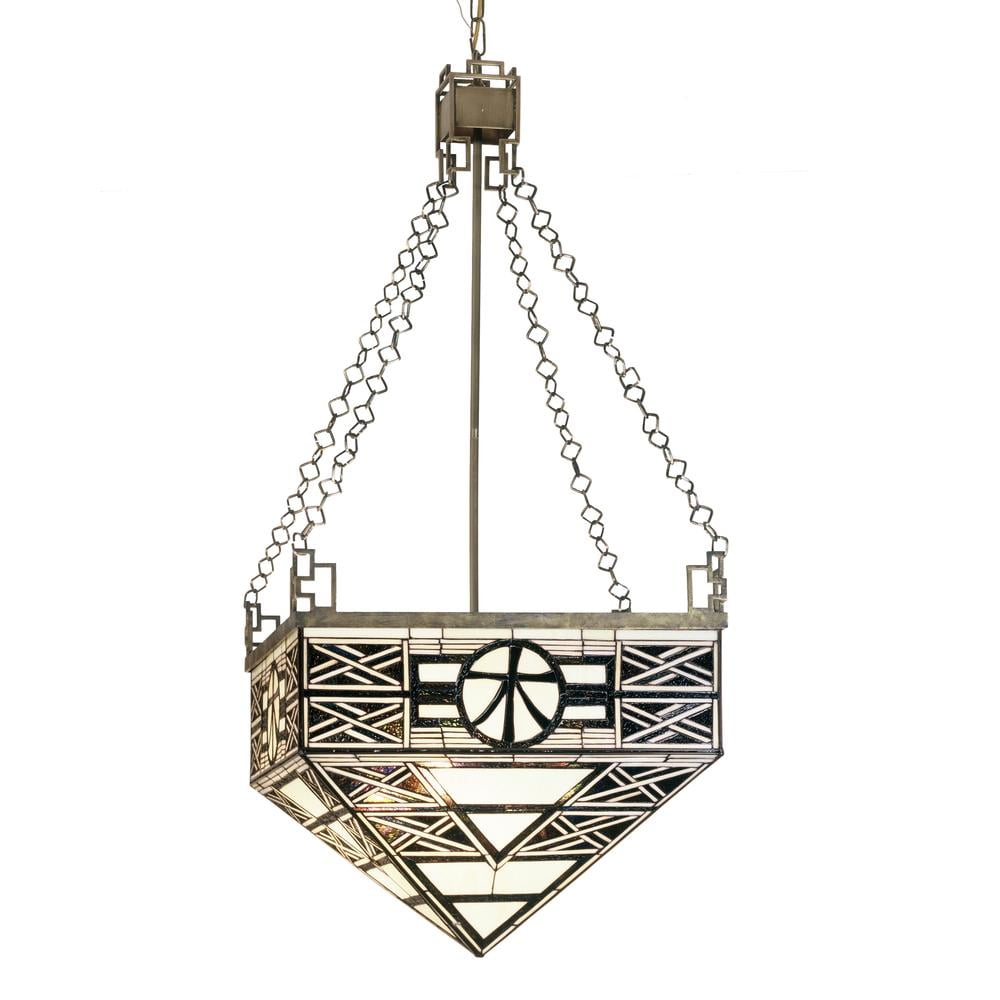 Bronze & Glass 4-Light Geometric Chandelier with Art Glass Shade