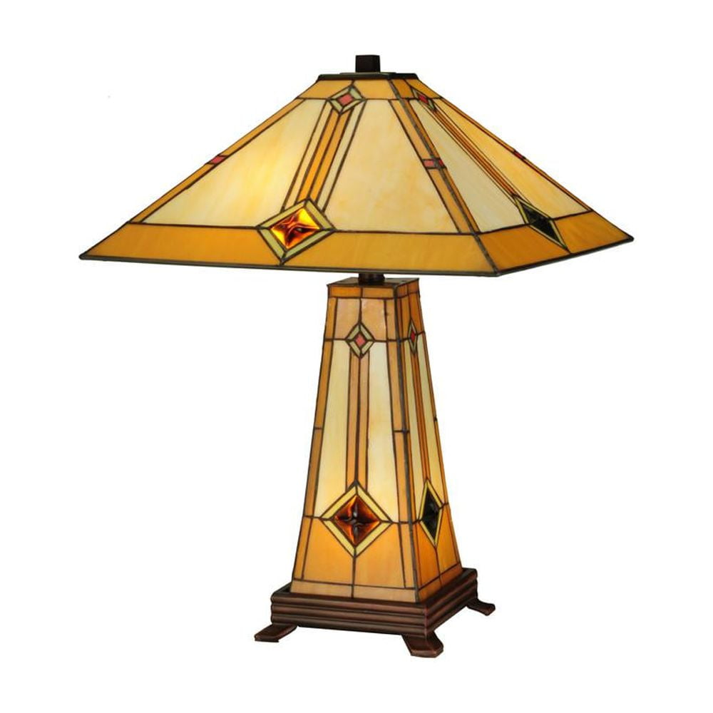 Mission Style 2-Light Stained Glass Table Lamp with Bronze Base