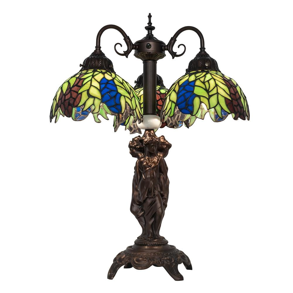 Elegant Tiffany 3-Light Mahogany Bronze Desk Lamp with Stained Glass