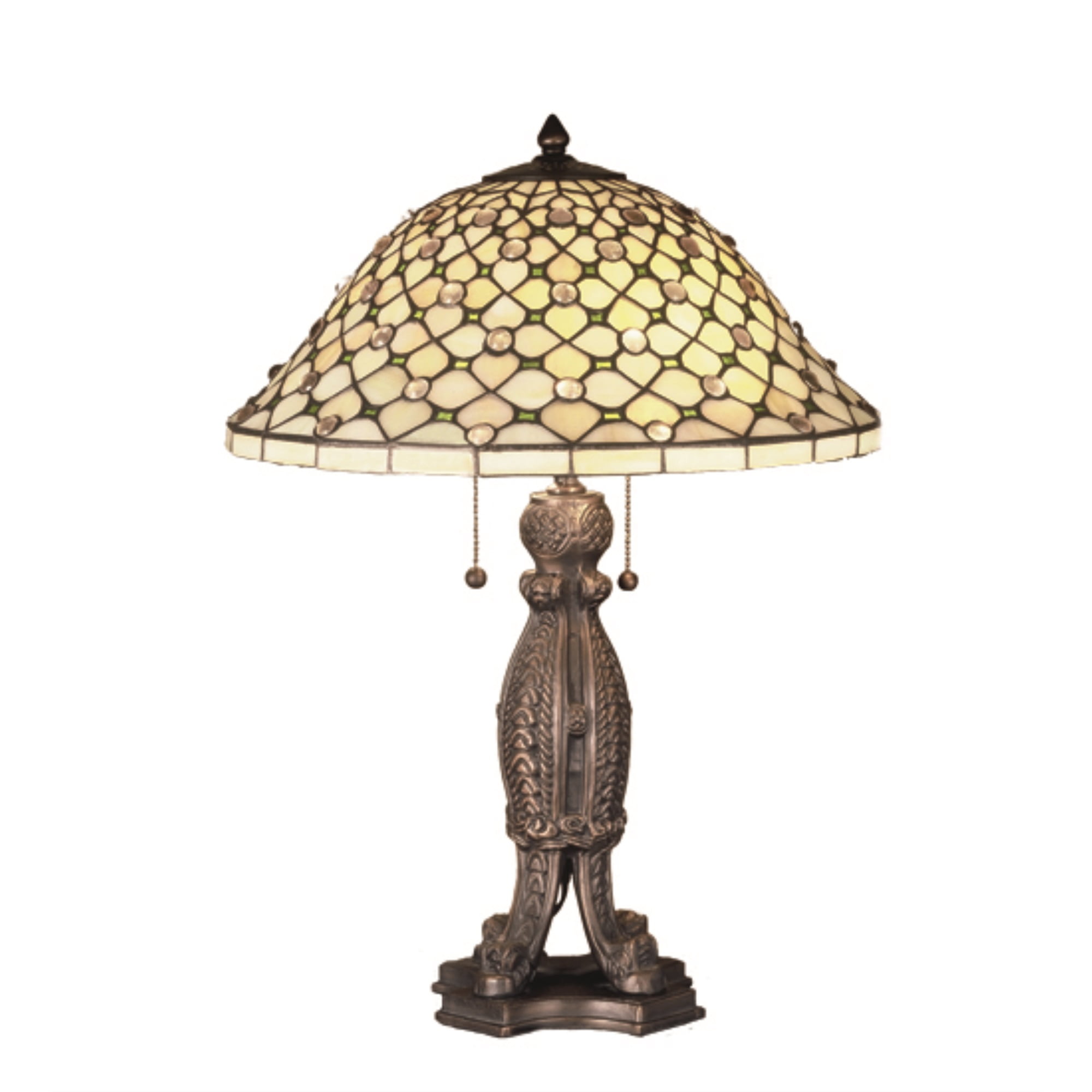 Elegant Victorian Bronze 2-Light Diamond & Jewel Stained Glass Table Lamp