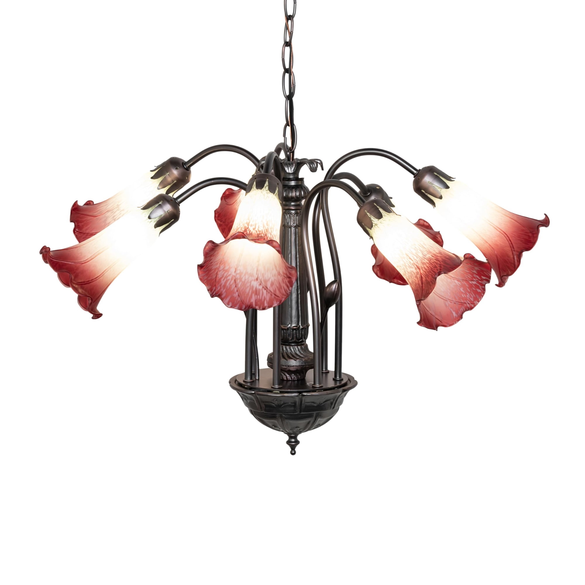 24" Wide Seafoam/Cranberry Tiffany Pond Lily 7 Light Chandelier