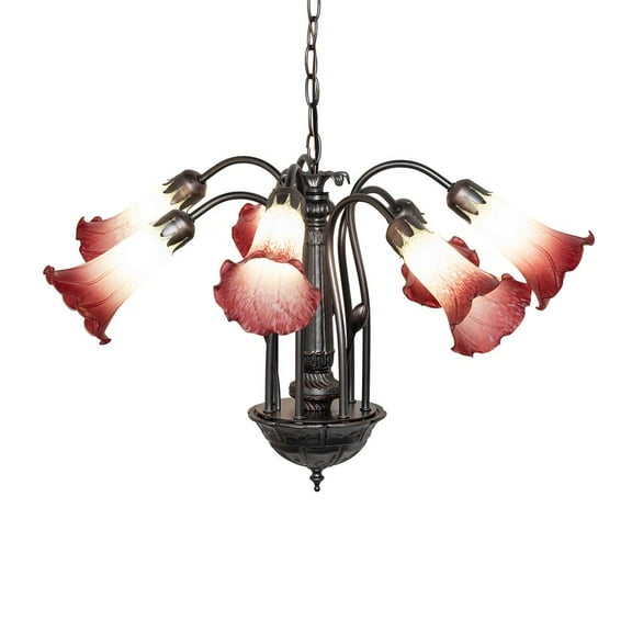Meyda Lighting 24" Wide Seafoam/Cranberry Tiffany Pond Lily 7 Light Chandelier