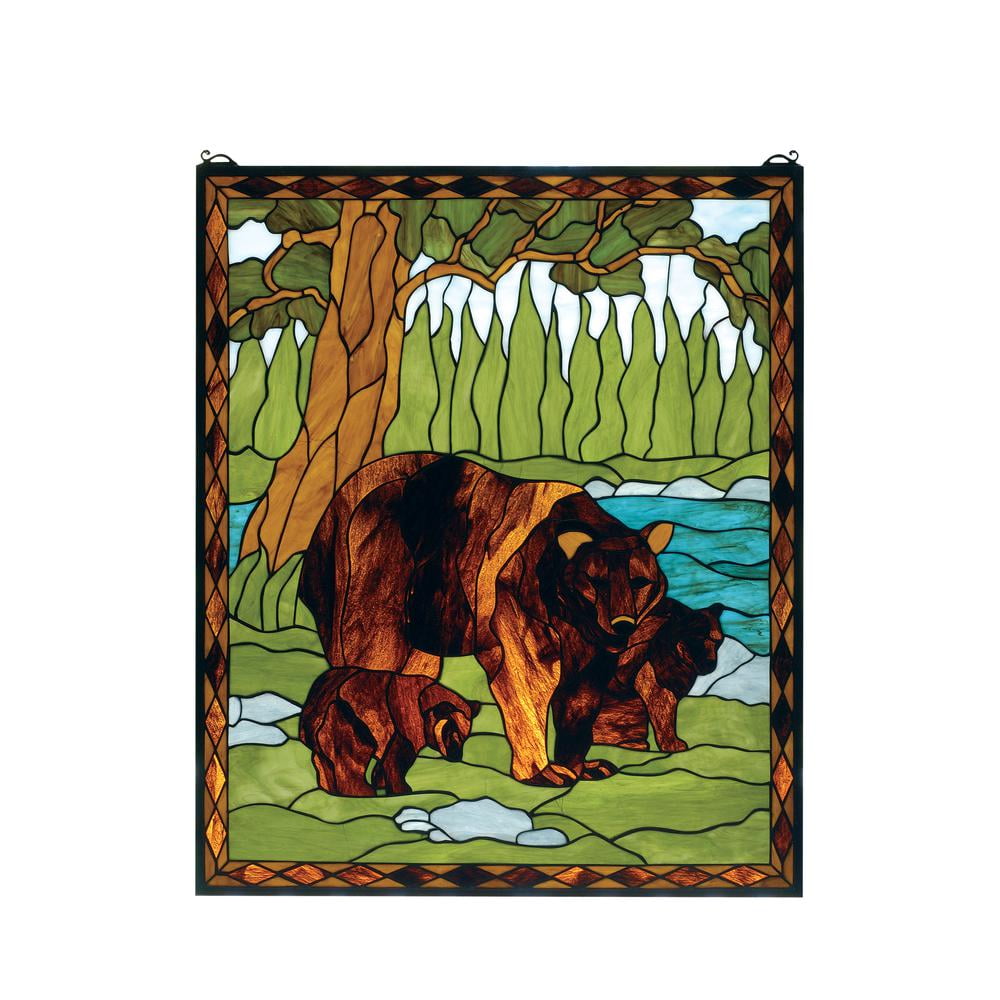 Rustic Multi-color Stained Glass Window Panel with Brown Bear Design